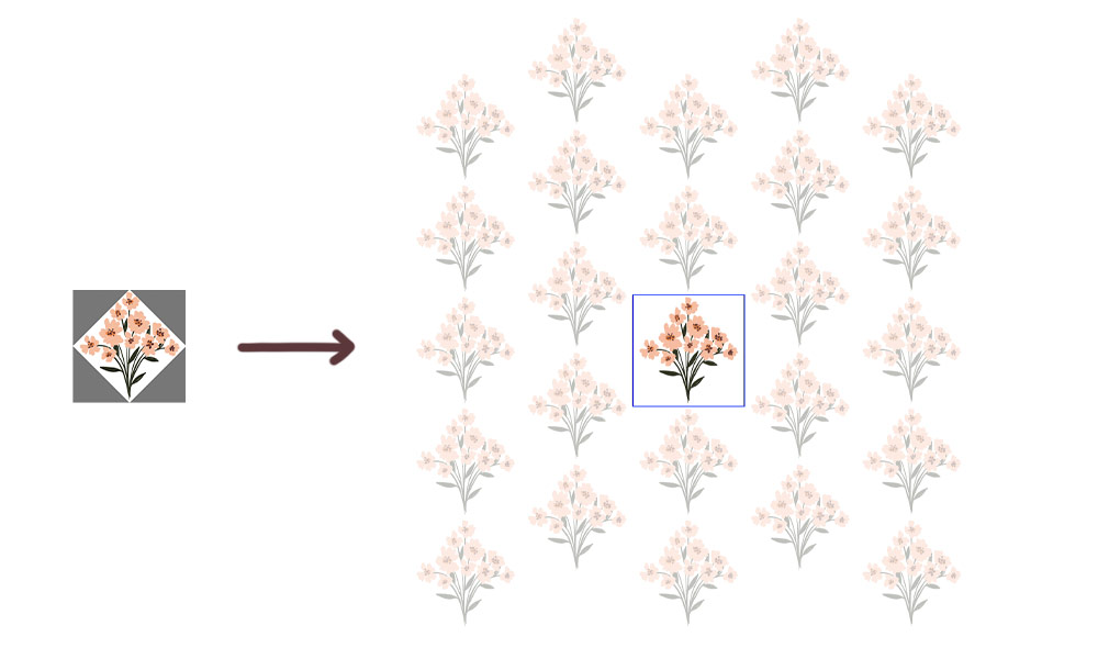 a diamond half drop pattern example of flower bouquets using the symmetry block style