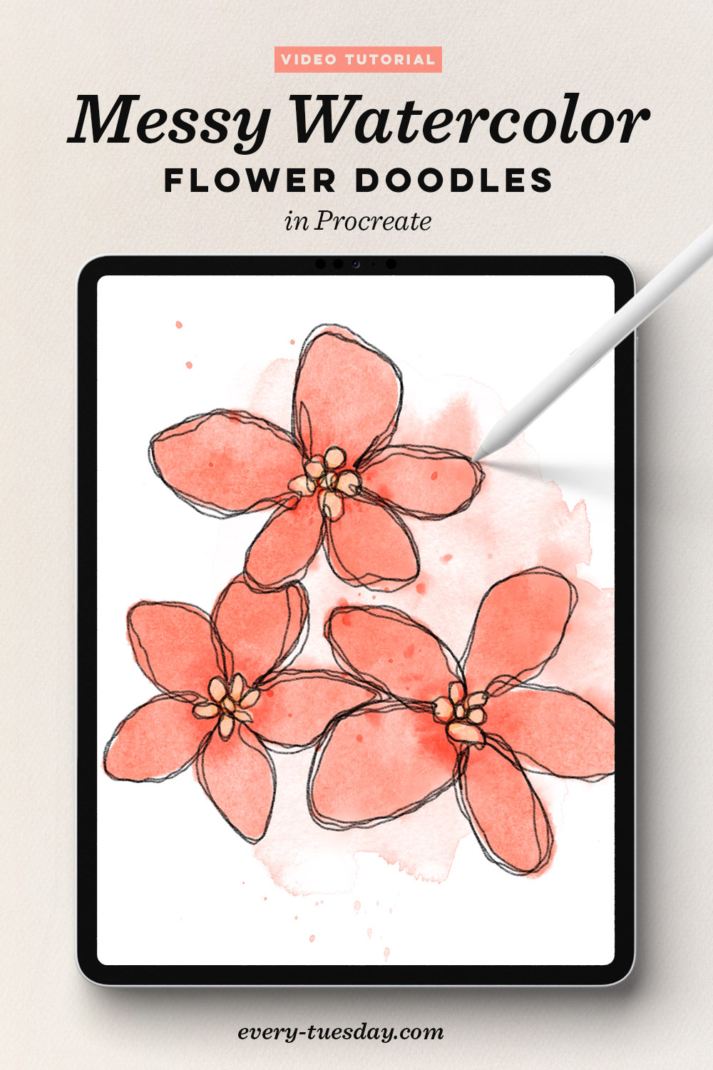 simple flower doodles with messy watercolor in Procreate pin