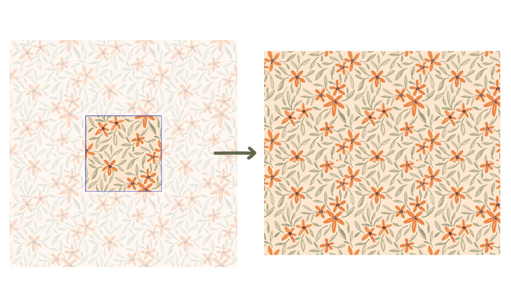 Full drop pattern example with small orange flowers and green leaves