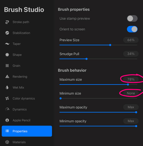 brush behavior size location