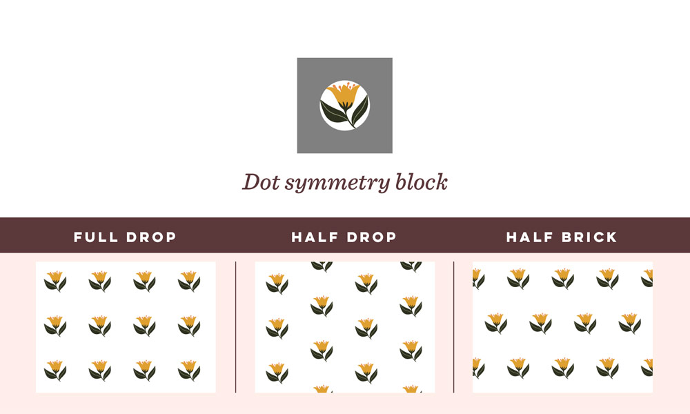 Dot symmetry block pattern example with a small yellow flower