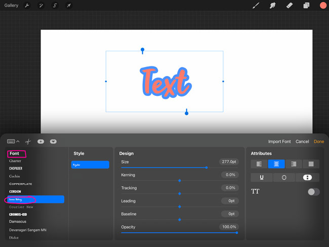 Apply font to text in Procreate