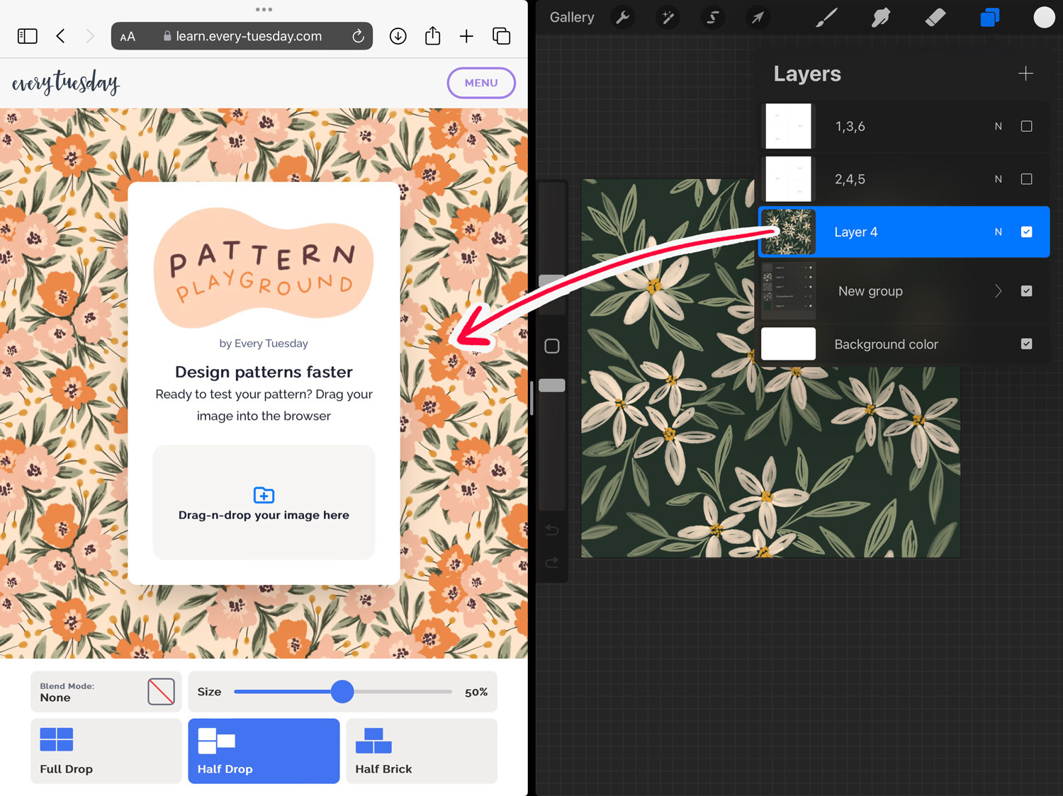 An arrow showing where to drag the layer into the Pattern Playground app