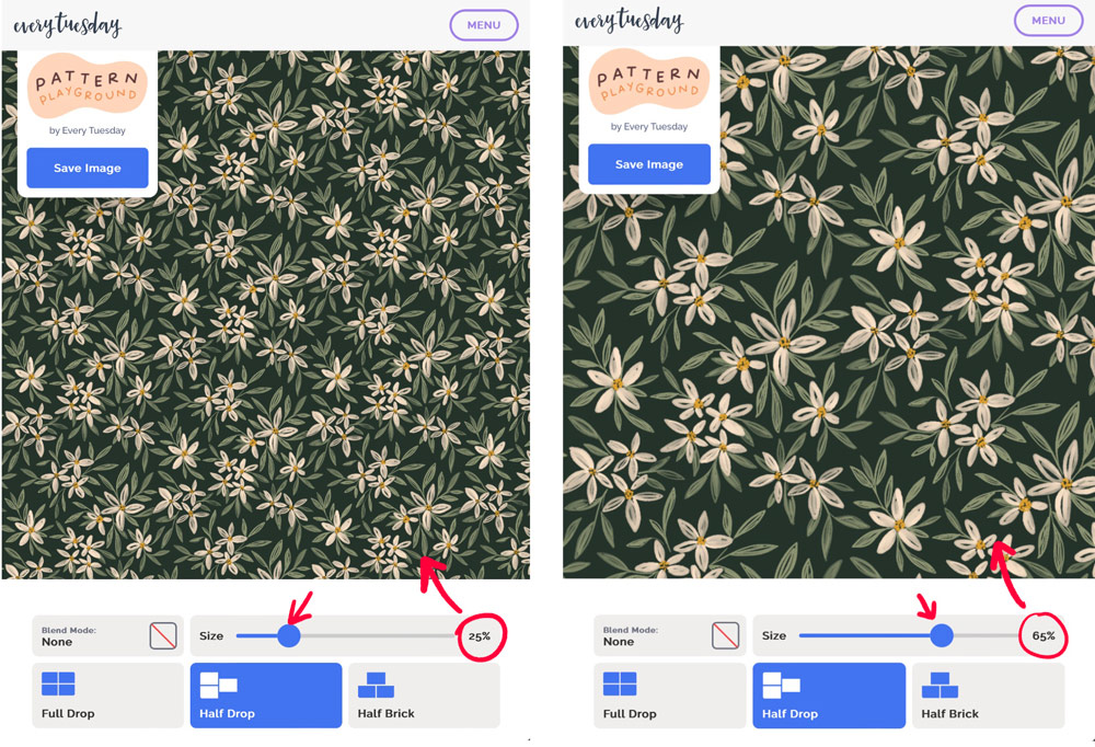 Size slider adjustment example