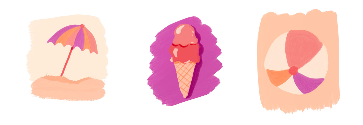beach umbrella, ice cream, beach ball gouache summer doodles