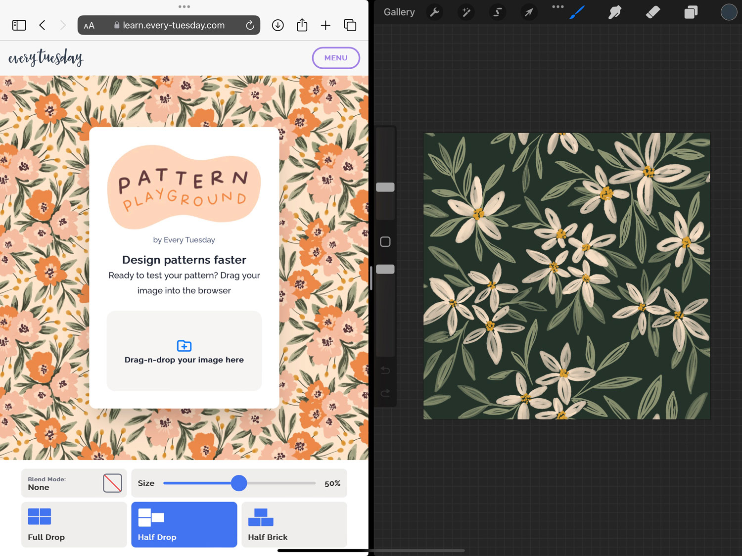 Safari on the left and Procreate on the right. Safari has PatternPlayground.com loaded in.