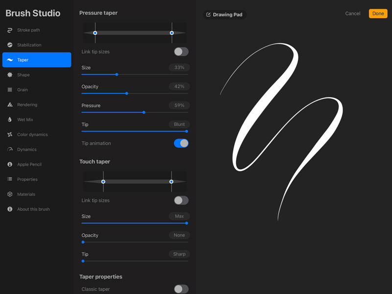 Pointed taper settings