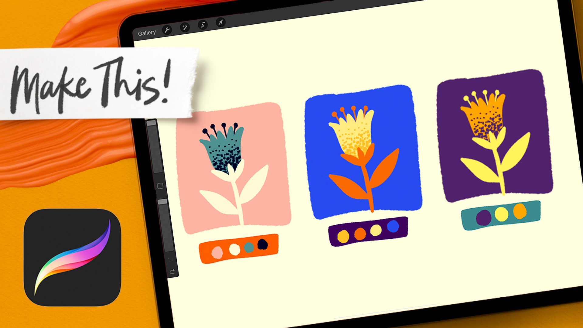 color theory in Procreate tutorial graphic: 3 flowers with different Procreate color palettes