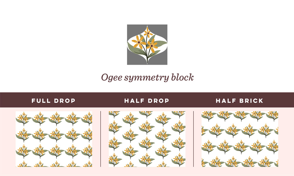 Ogee symmetry block pattern example with small yellow wildflowers