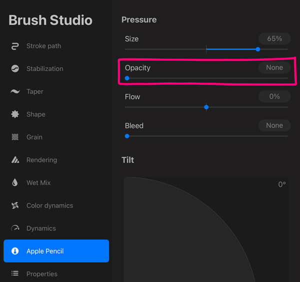 pressure opacity settings