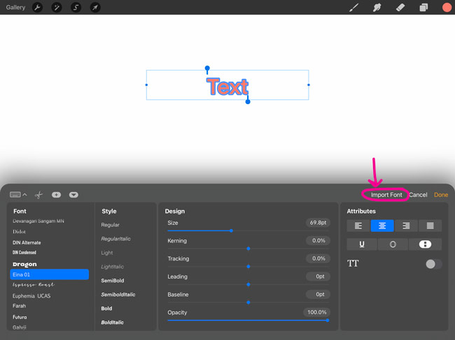 Import font option in Procreate