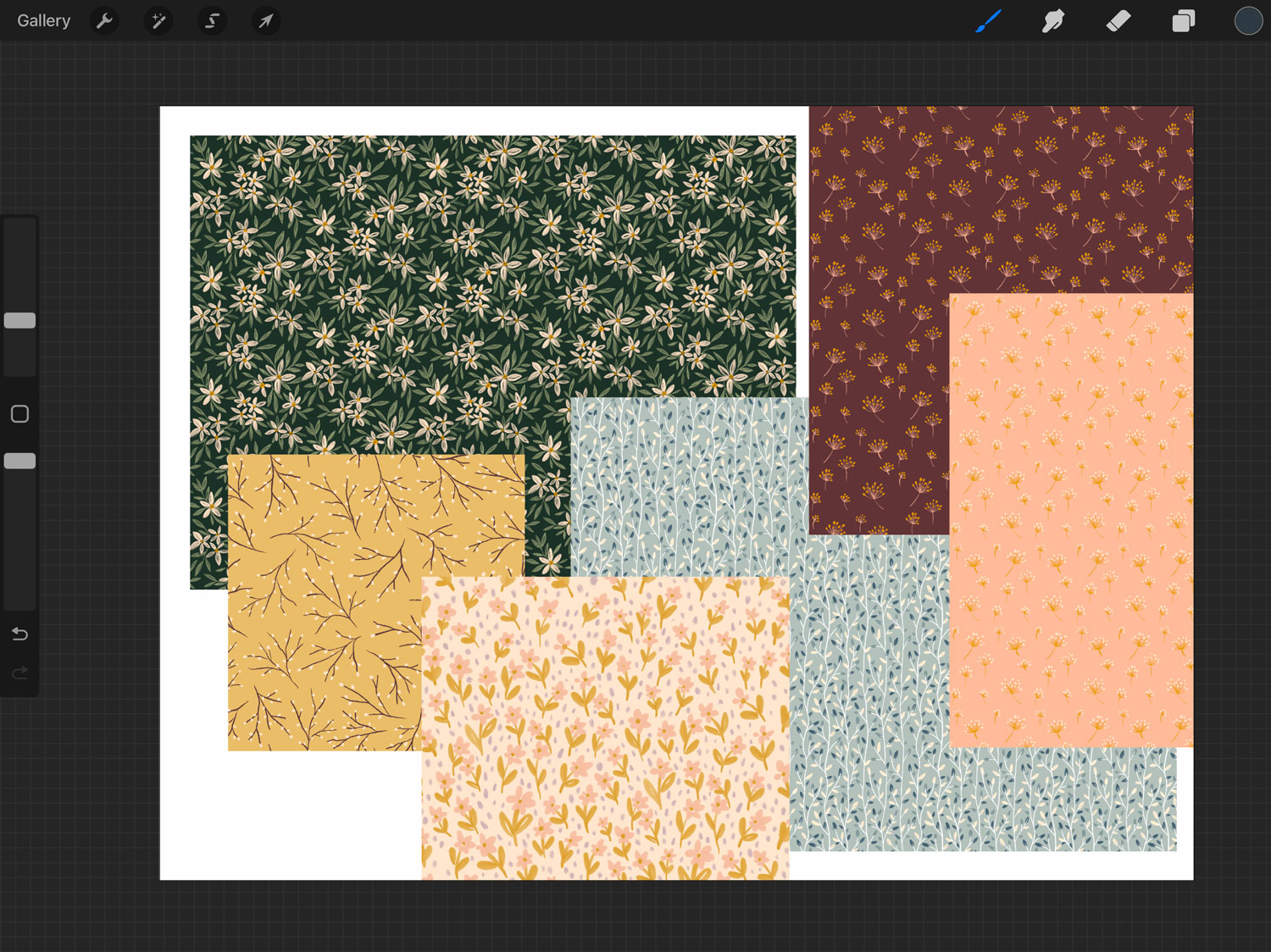Multiple seamless pattern designs in a Procreate canvas
