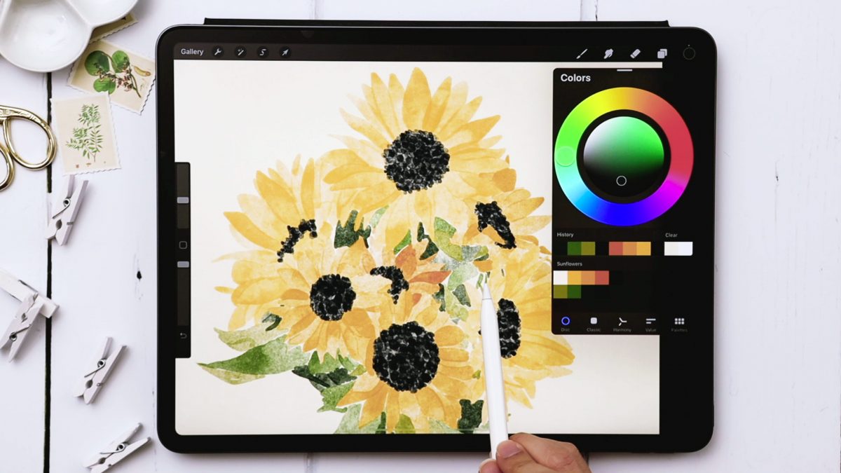 Paint Loose Style Watercolor Sunflowers in Procreate