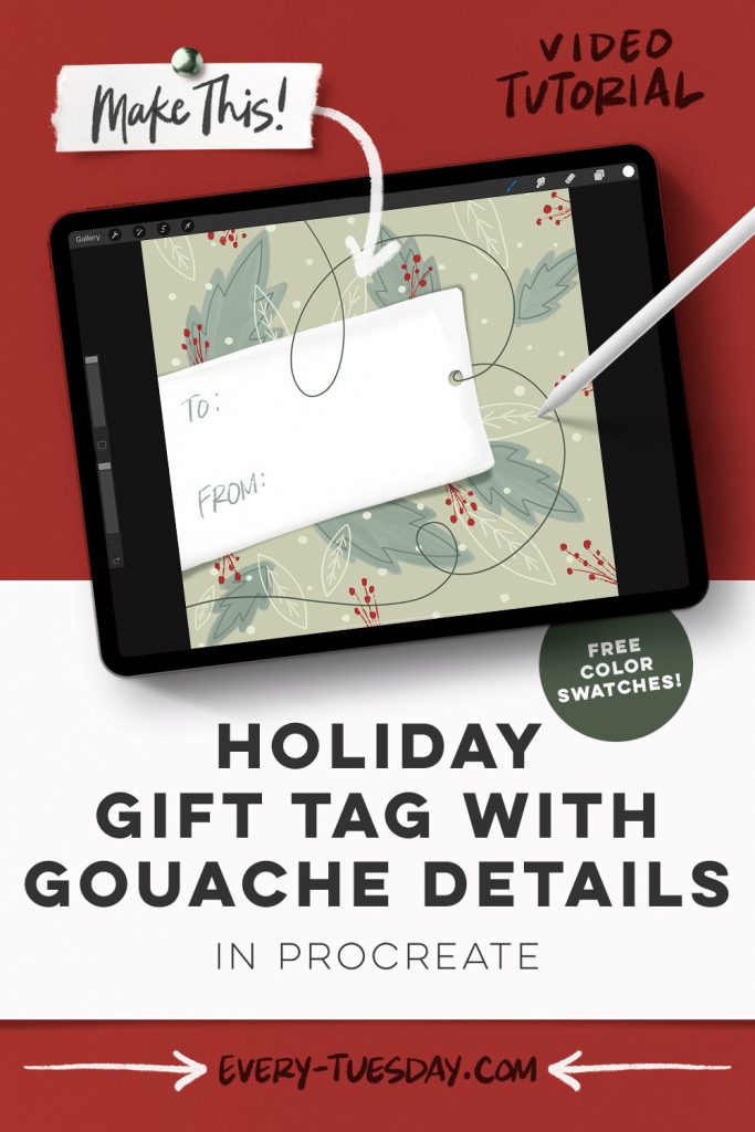 Holiday gift tag with gouache details in Procreate